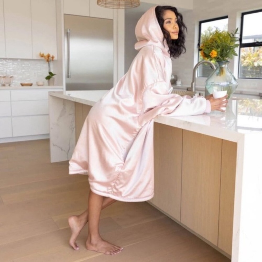 Kitsch Luxe Pink Satin Glazey Silky Satin Oversized Comfort Hoodie Loungewear